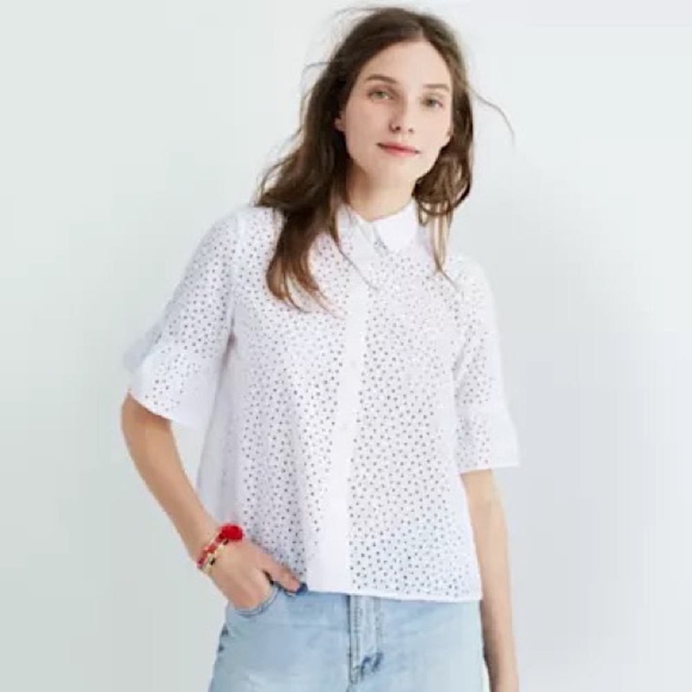 Madewell White Eyelet Bell-Sleeve Shirt
